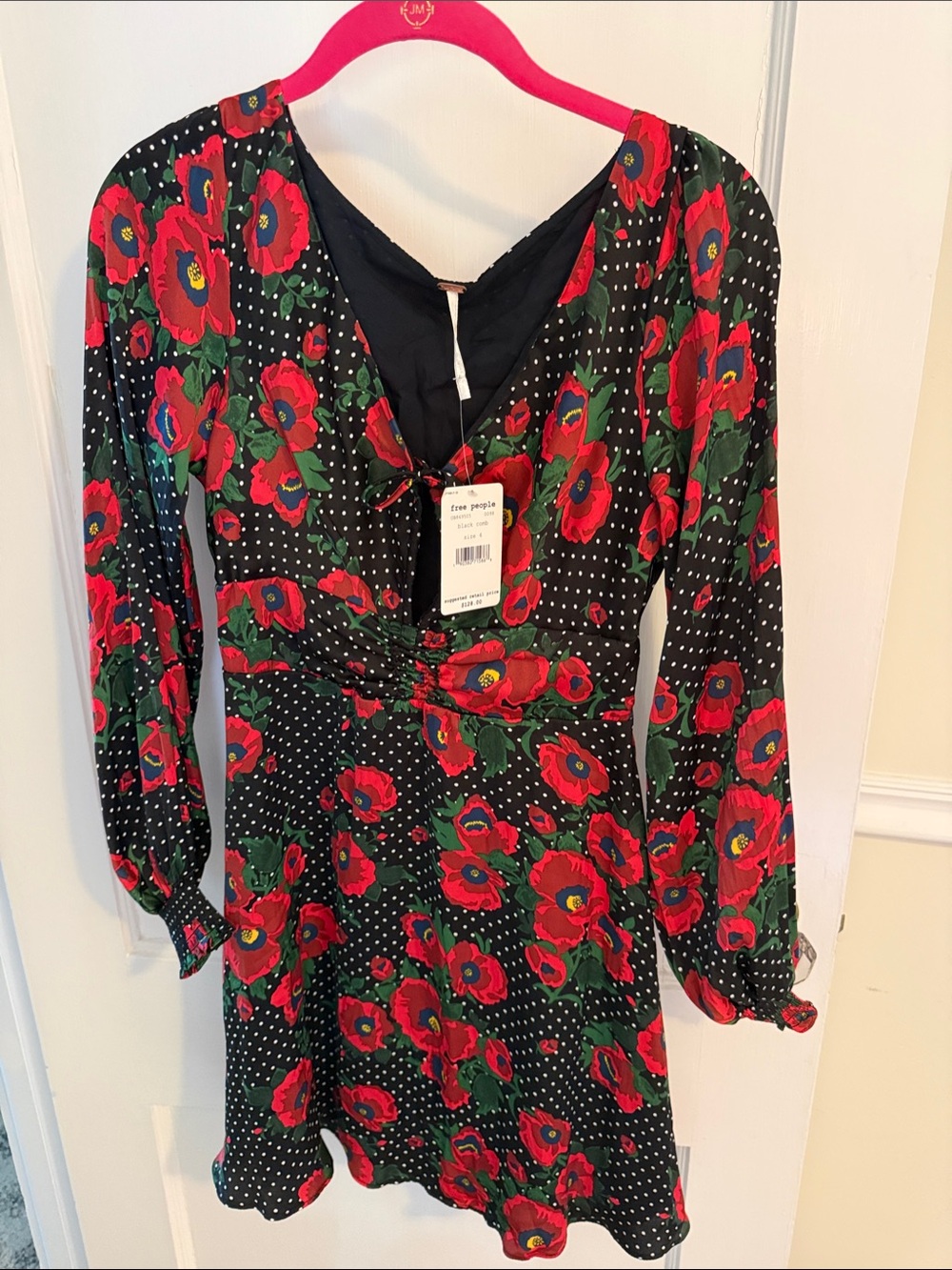 Free People Black Mini Dress with Red Floral Print and Green Accents